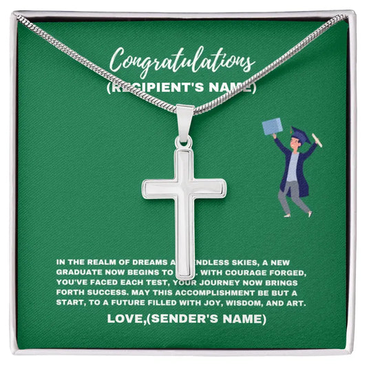 Collar de graduación personalizado de Endless Skies | Un nuevo graduado ahora comienza a ascender: collar con cruz de acero