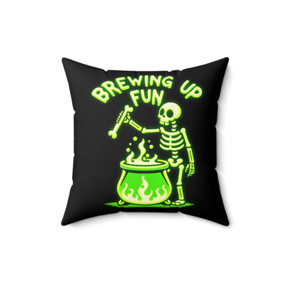 Glow-in-the-Dark Style “Brewing Up Fun” Halloween Throw Pillow – Spooky Skeleton Home Decor