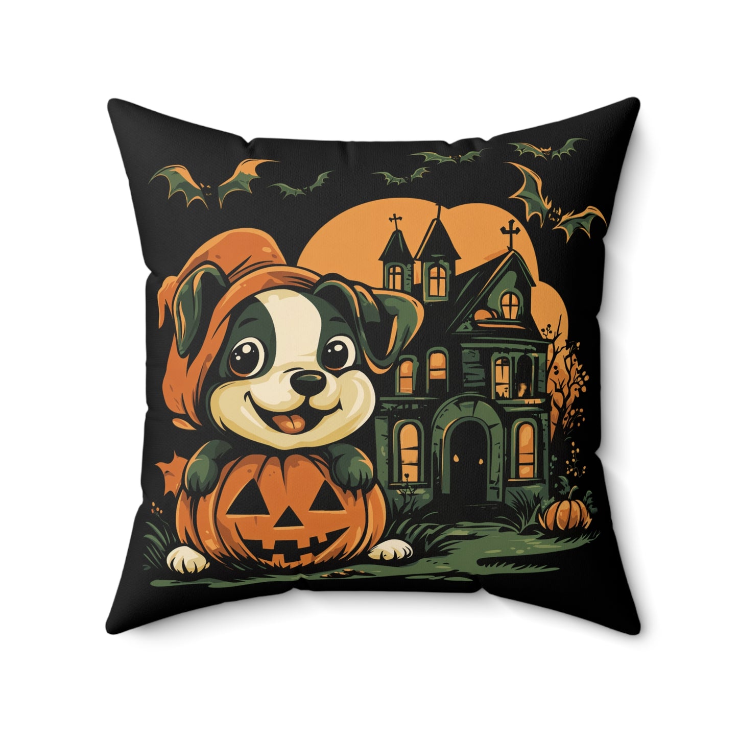 Cute Puppy & Haunted House Halloween Throw Pillow – Spooky Fun Home Decor