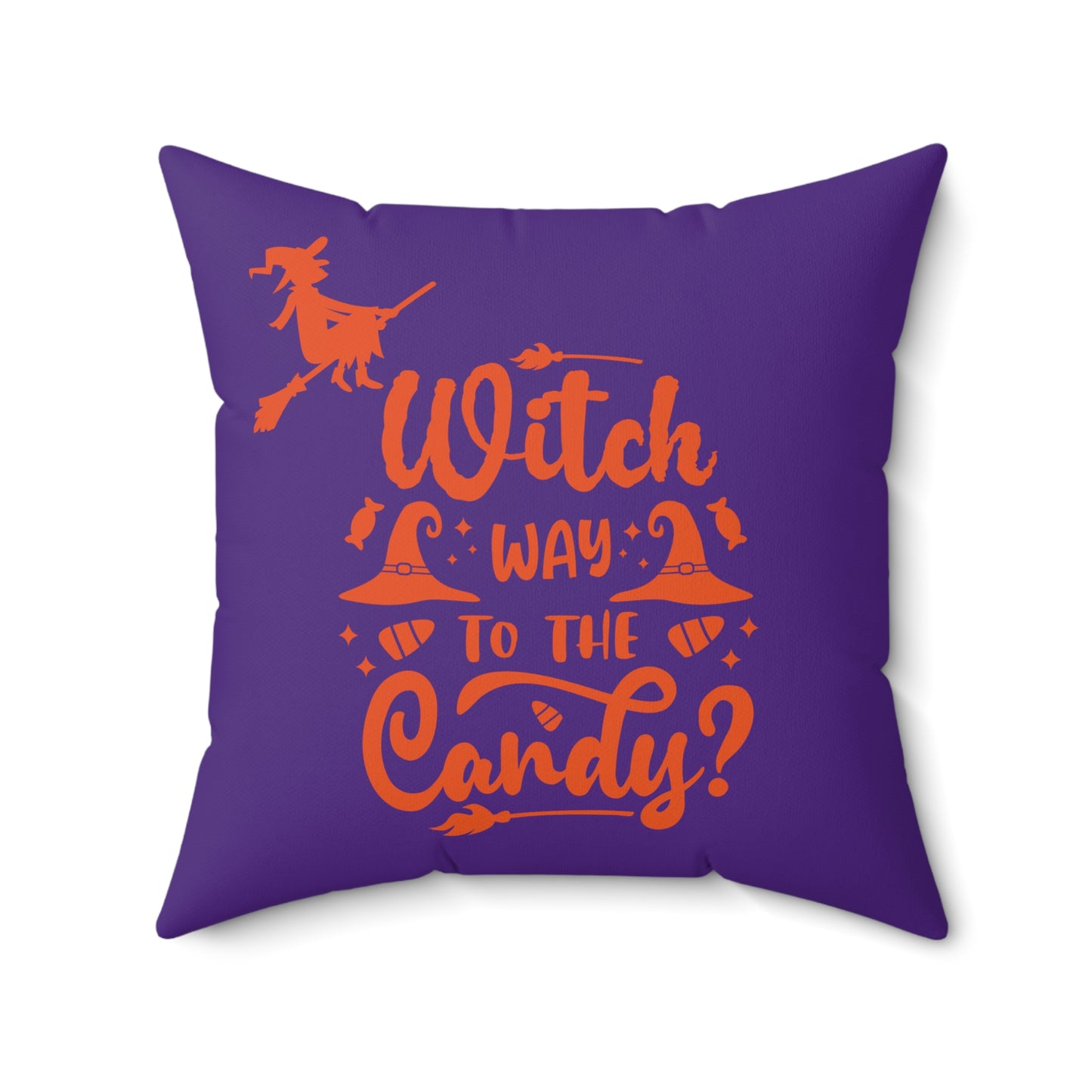 Almohada morada y naranja, decoración de Halloween, almohada con brujas en una escoba buscando dulces, almohada de otoño, decoración de sala de estar de octubre, regalos