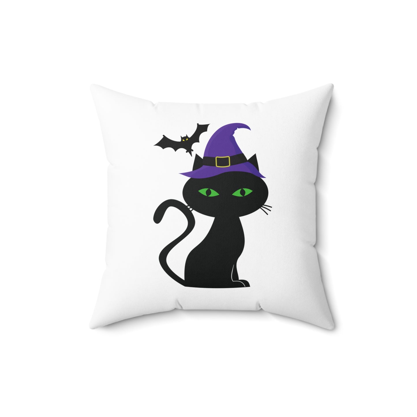 Cojín decorativo de Halloween con forma de gato negro y sombrero de bruja, cuadrado blanco, 45,7 x 45,7 cm