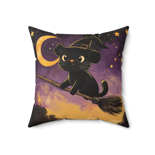 Cute Black Cat on Broomstick Halloween Throw Pillow – Spooky Fun Home Decor