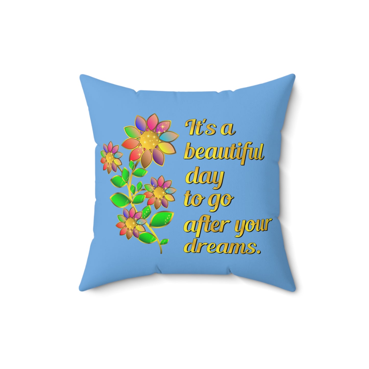 Coussin carré design « It's A Beautiful Day », coussin graphique floral bleu, coussins avec phrase, décoration de chambre florale inspirante