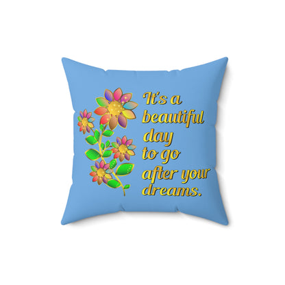 Coussin carré design « It's A Beautiful Day », coussin graphique floral bleu, coussins avec phrase, décoration de chambre florale inspirante