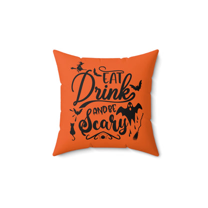 Halloween Pillow For Home, Eat Drink And Be Scary Designer Pillow, Orange And Black Square Throw Pillow For Any Room, 14x14 Inch