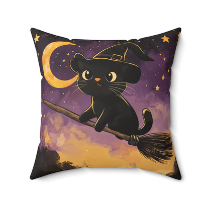 Cute Black Cat on Broomstick Halloween Throw Pillow – Spooky Fun Home Decor