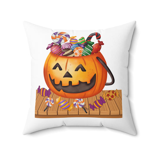 White Jack O Lantern With Candy Halloween Throw Pillow,  Halloween Room Decor, Decorative Spooky Throw Pillow, 18x18 Accent Pillow