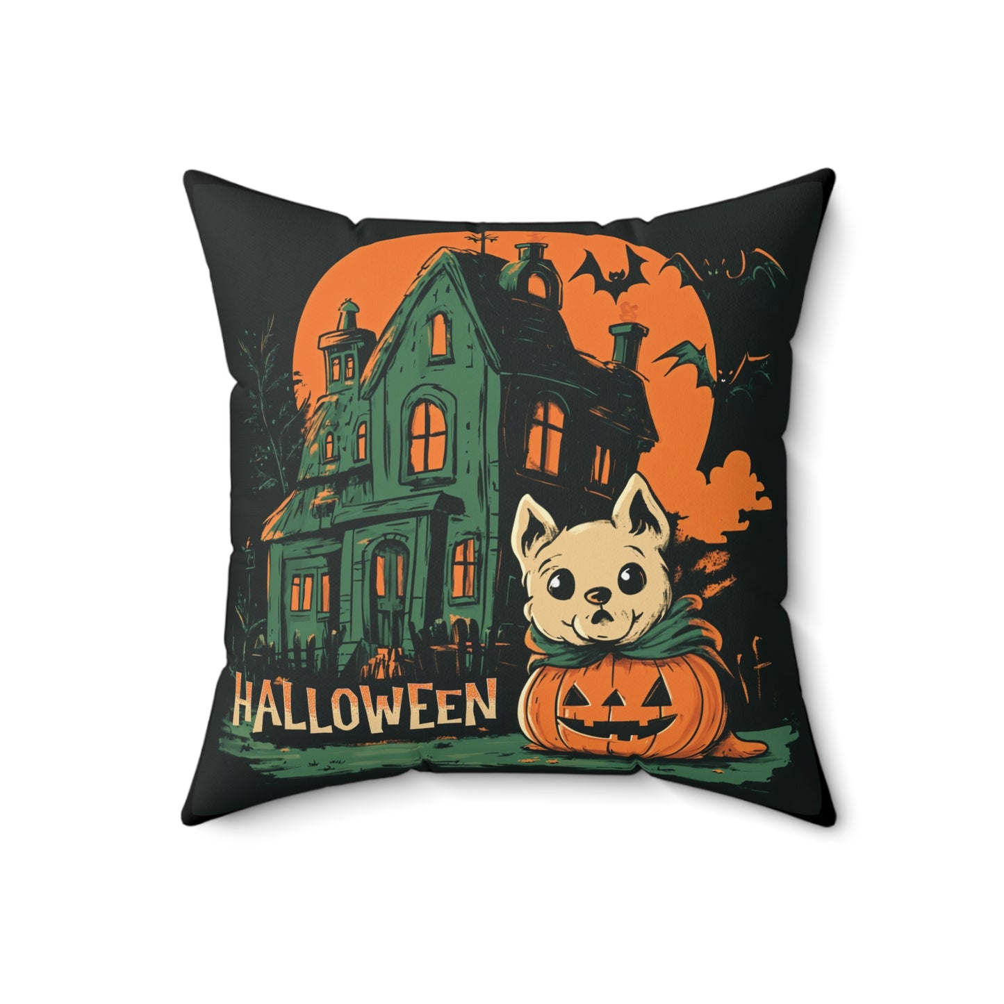 Cute Dog & Haunted House Halloween Throw Pillow – Square Decorative Pillow for Spooky Home Decor