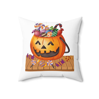 White Jack O Lantern With Candy Halloween Throw Pillow,  Halloween Room Decor, Decorative Spooky Throw Pillow, 18x18 Accent Pillow