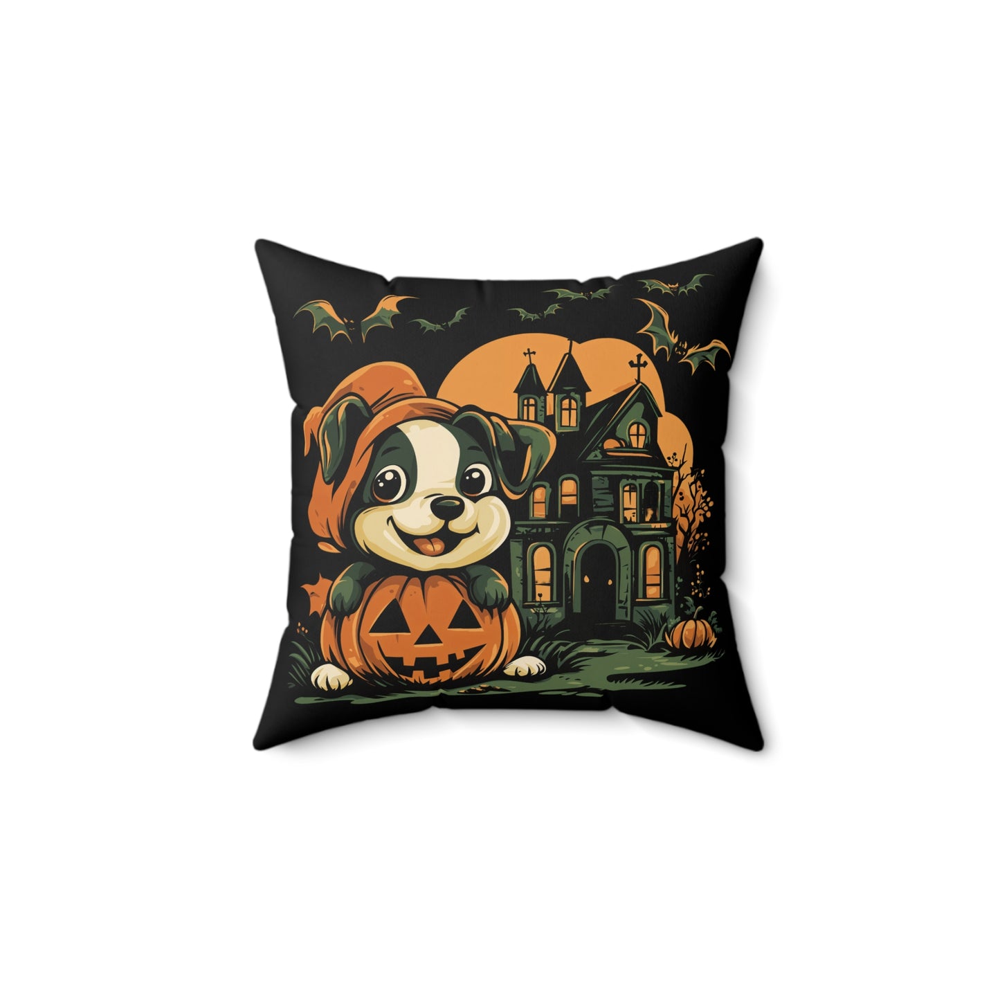 Cute Puppy & Haunted House Halloween Throw Pillow – Spooky Fun Home Decor