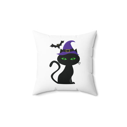 Coussin décoratif Halloween chat noir avec chapeau de sorcière, coussin carré blanc, coussin décoratif Halloween, décoration de chambre effrayante, 18 x 18 pouces