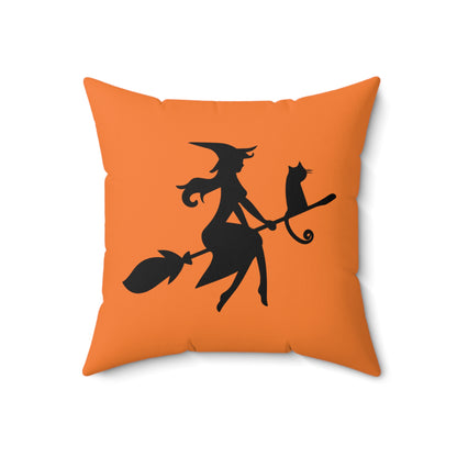 Halloween Witch In Flight Throw Pillow, Orange And Black Designer Pillow, Unique Fall Decor, Cute Halloween Decorative Pillow, Couch Pillow