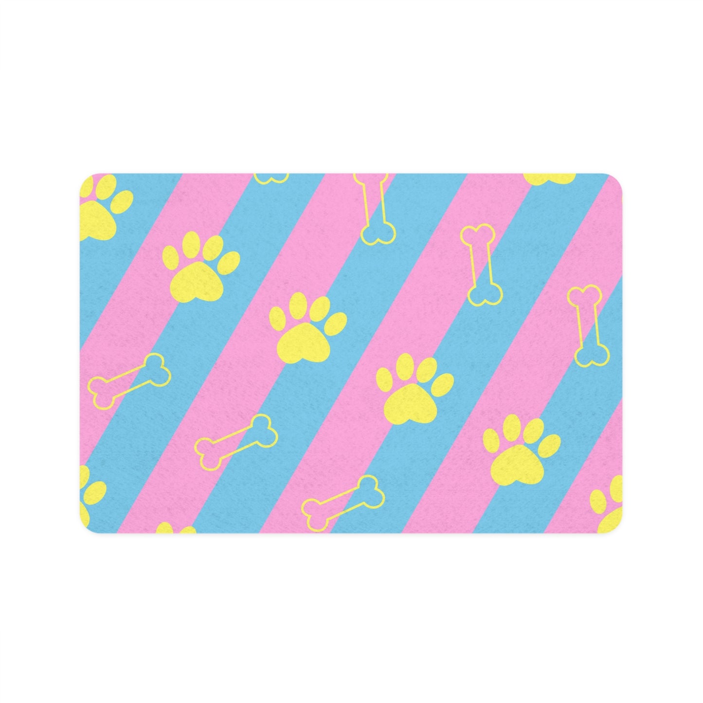 Blue and Pink Striped Pet Food Mat with Paw Prints and Bone Design