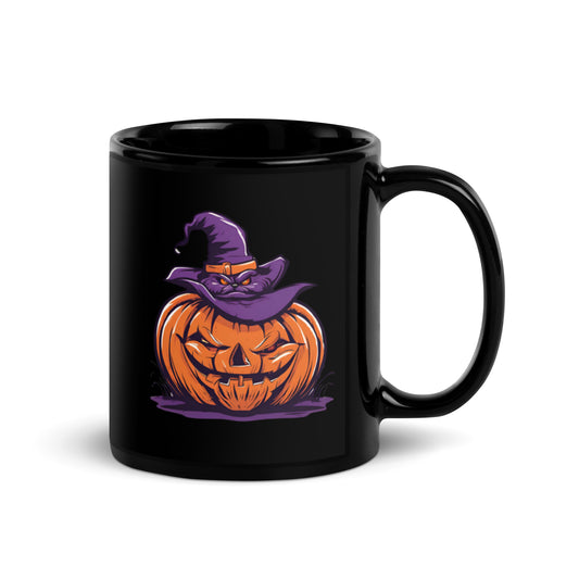 Halloween Pumpkin & Black Cat Witch Mug – 11oz & 15oz Glossy Black Mug