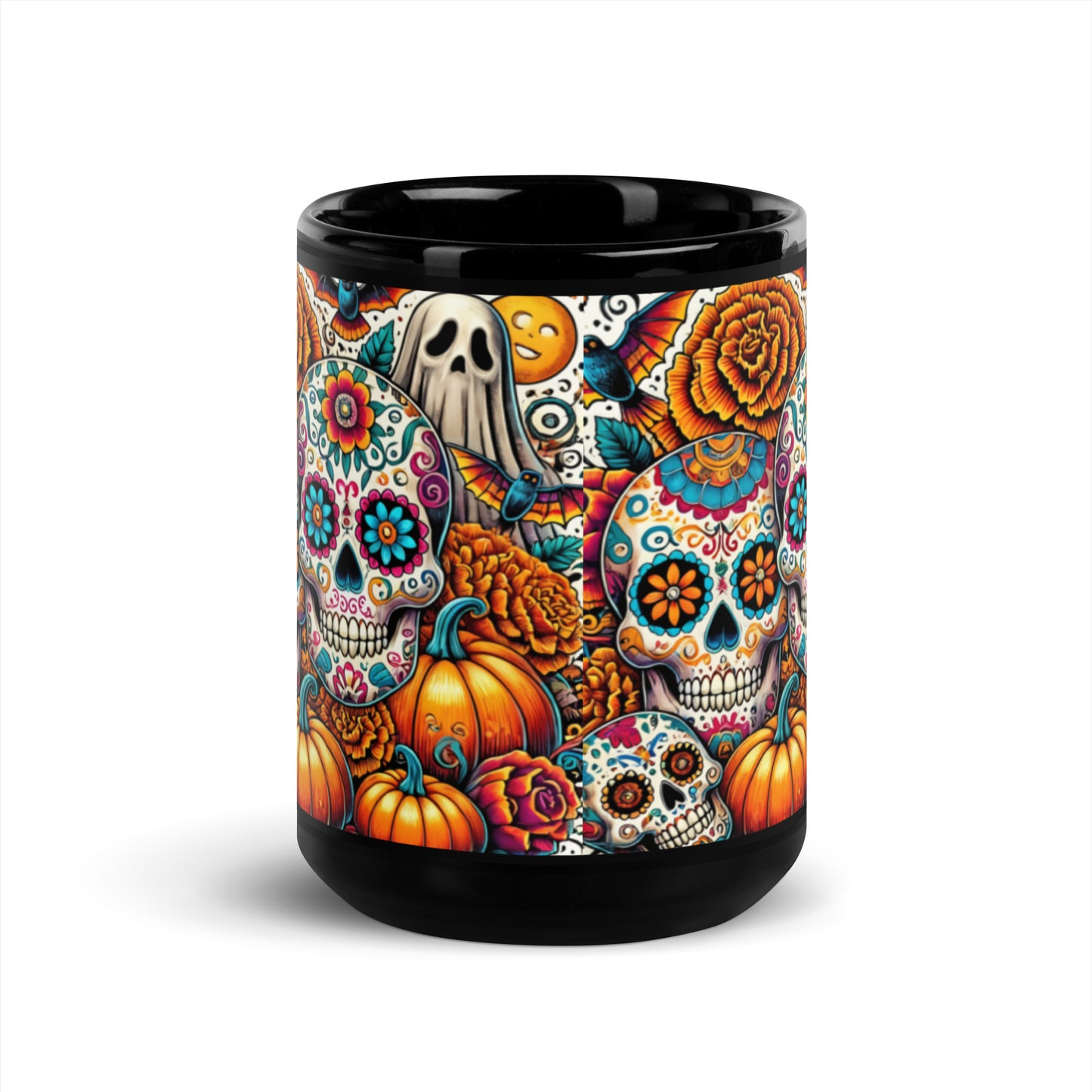 Colorful Sugar Skull Halloween Mug – 11oz & 15oz Black Glossy Mug