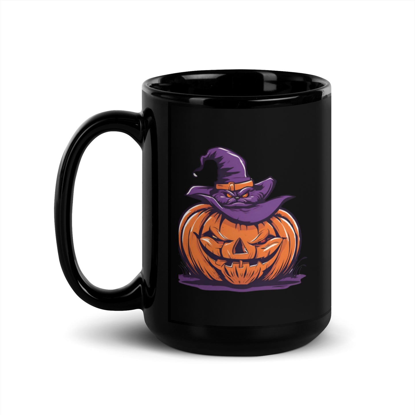 Halloween Pumpkin & Black Cat Witch Mug – 11oz & 15oz Glossy Black Mug