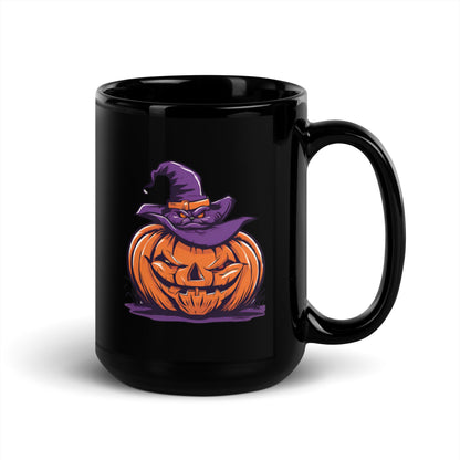 Halloween Pumpkin & Black Cat Witch Mug – 11oz & 15oz Glossy Black Mug