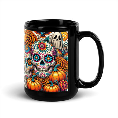 Colorful Sugar Skull Halloween Mug – 11oz & 15oz Black Glossy Mug