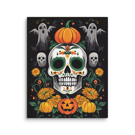 Sugar Skull & Pumpkins Canvas Wall Art – Halloween and Day of the Dead Decor