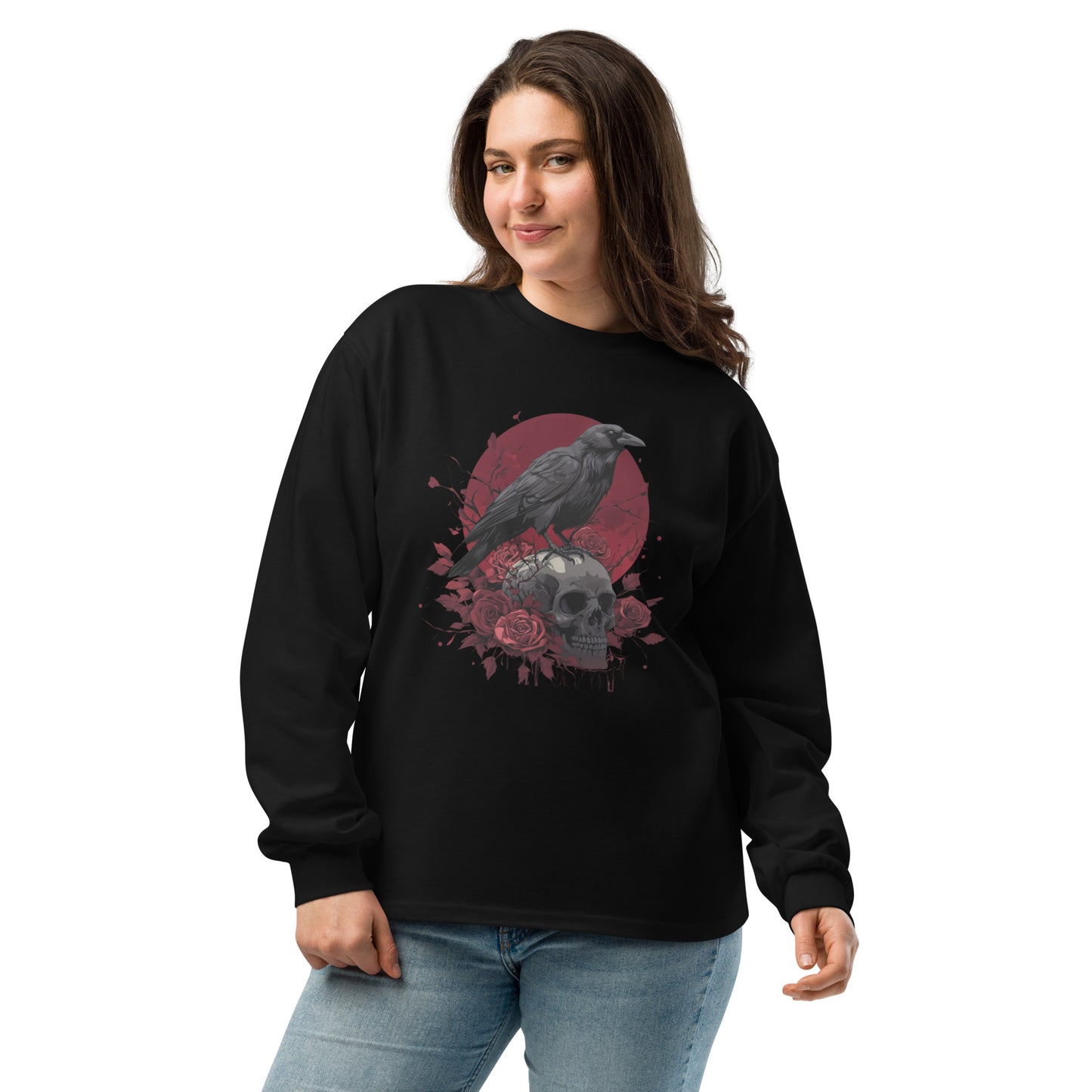 Raven & Skull Heavyweight Long Sleeve Shirt – Unisex Gothic Halloween Apparel