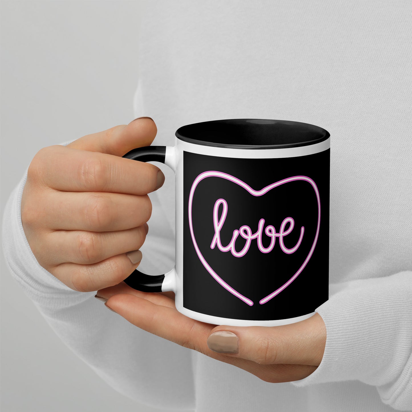 Black Coffee Mug with Pink Heart Design - 11 Oz Porcelain Ceramic Cup with Handle for Hot Beverage - Perfect Gift for Couples in Love