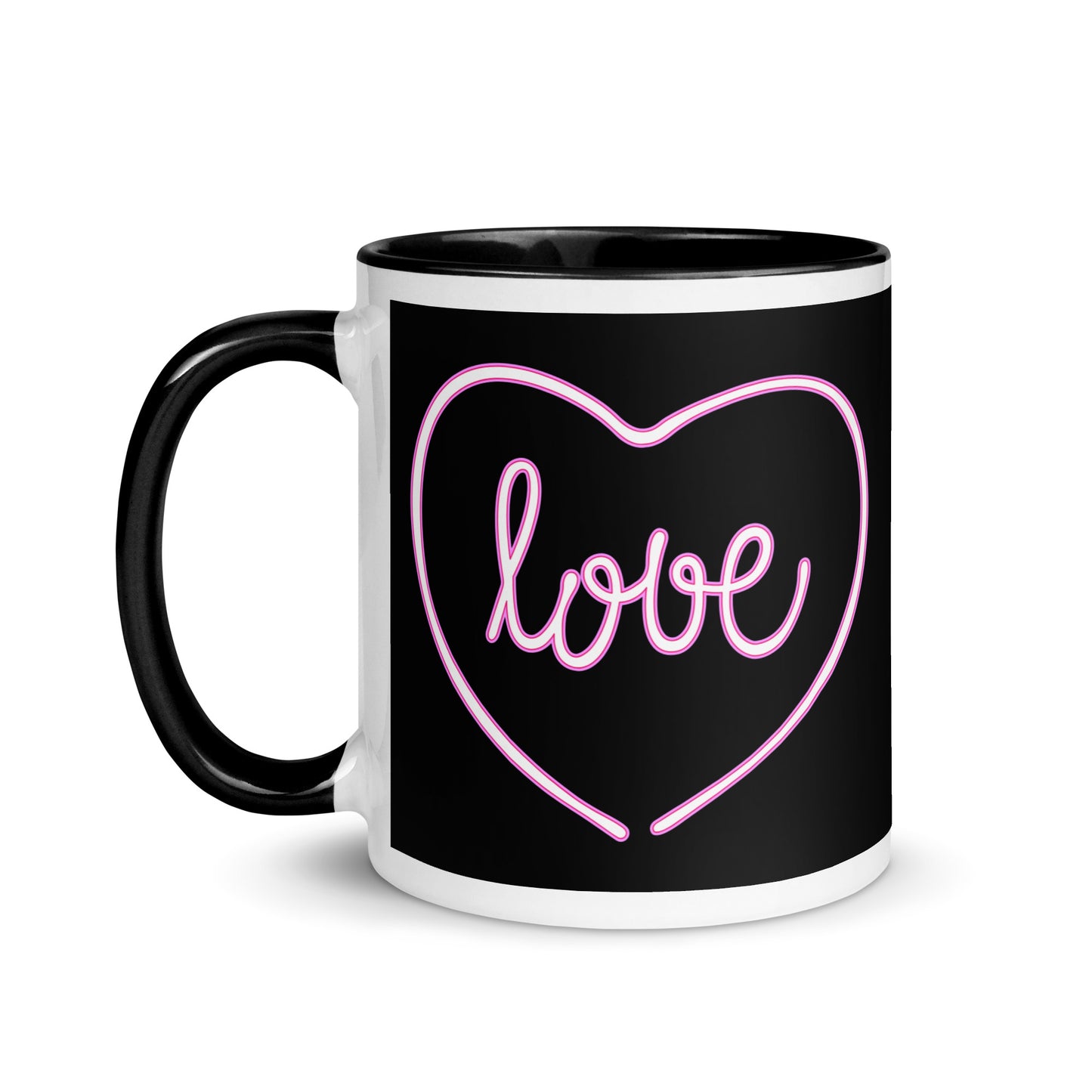 Black Coffee Mug with Pink Heart Design - 11 Oz Porcelain Ceramic Cup with Handle for Hot Beverage - Perfect Gift for Couples in Love