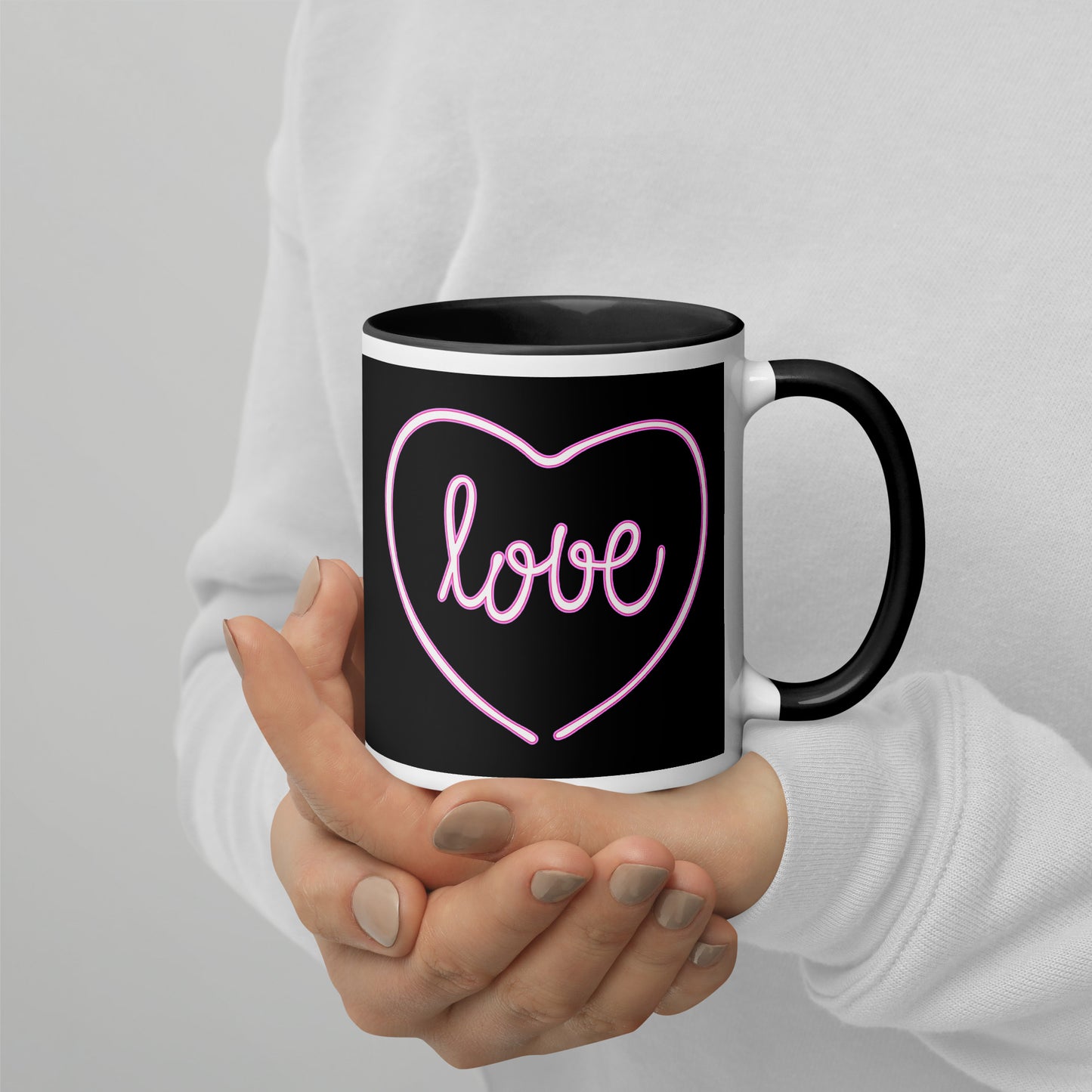 Black Coffee Mug with Pink Heart Design - 11 Oz Porcelain Ceramic Cup with Handle for Hot Beverage - Perfect Gift for Couples in Love