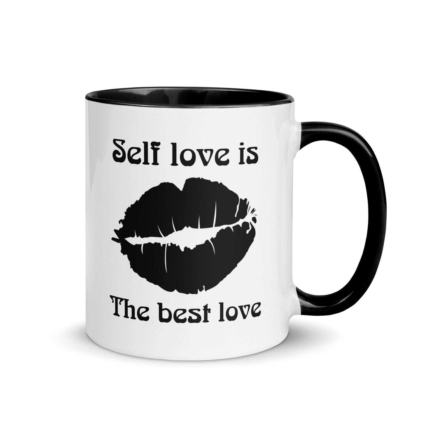 Taza de café con beso de amor propio y empoderamiento