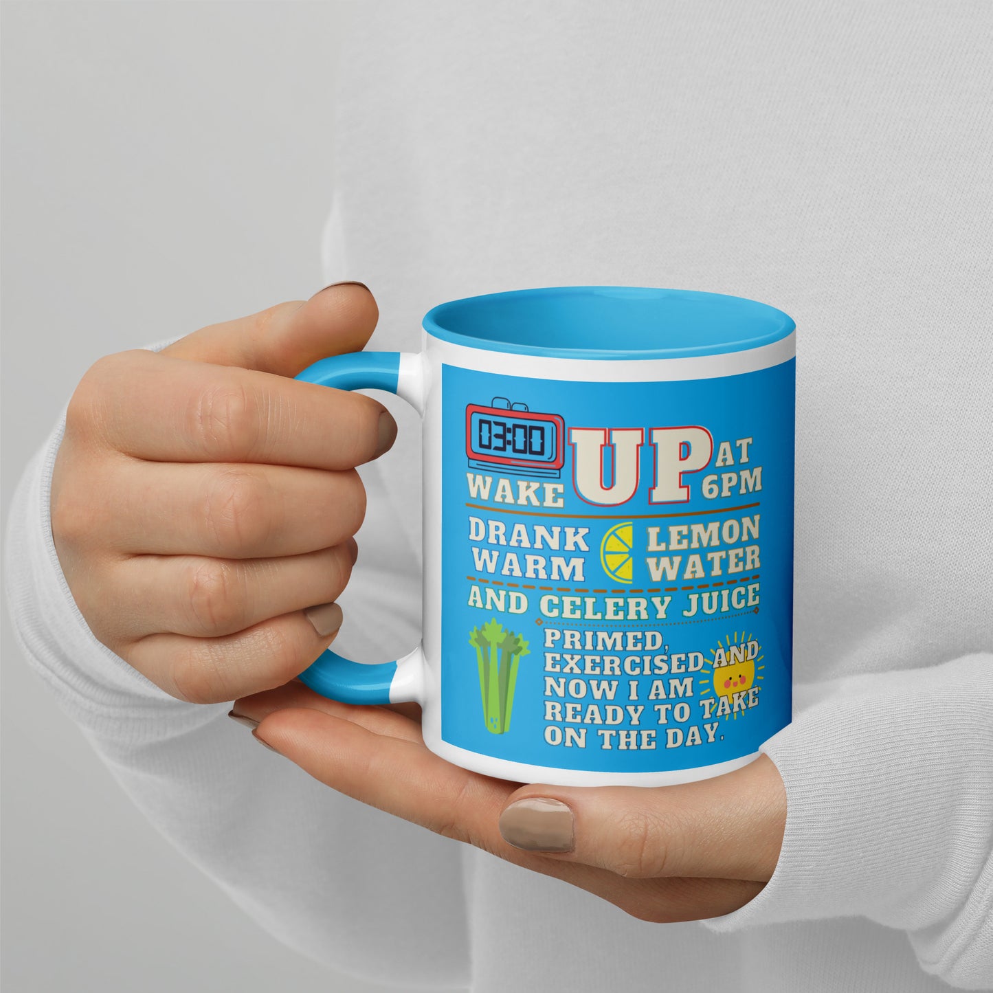 Taza de café azul con motivación matutina para el búho nocturno: listo para conquistar