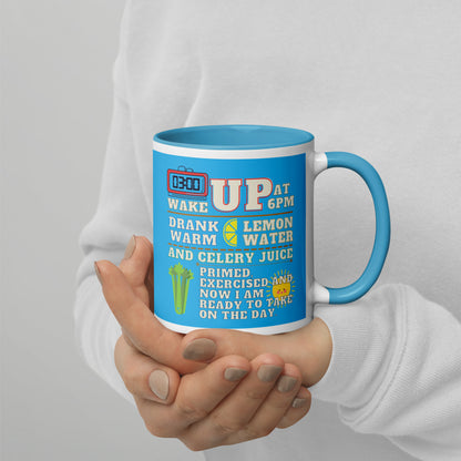 Taza de café azul con motivación matutina para el búho nocturno: listo para conquistar