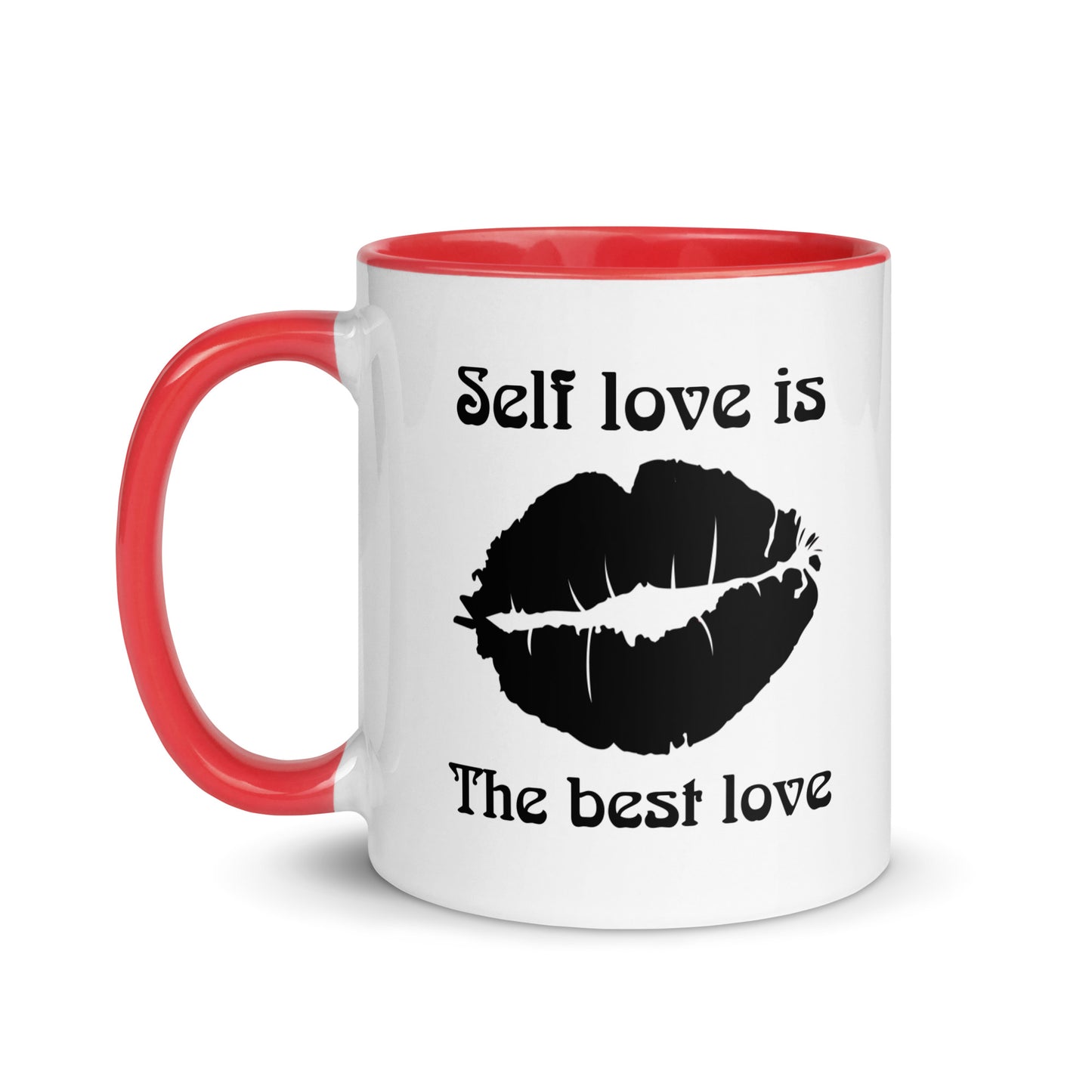 Taza de café con beso de amor propio y empoderamiento